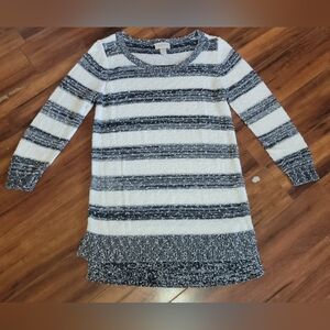 Women's Ann Taylor LOFT Ivory Gray Striped Sweater Tunic 3/4 Sleeves